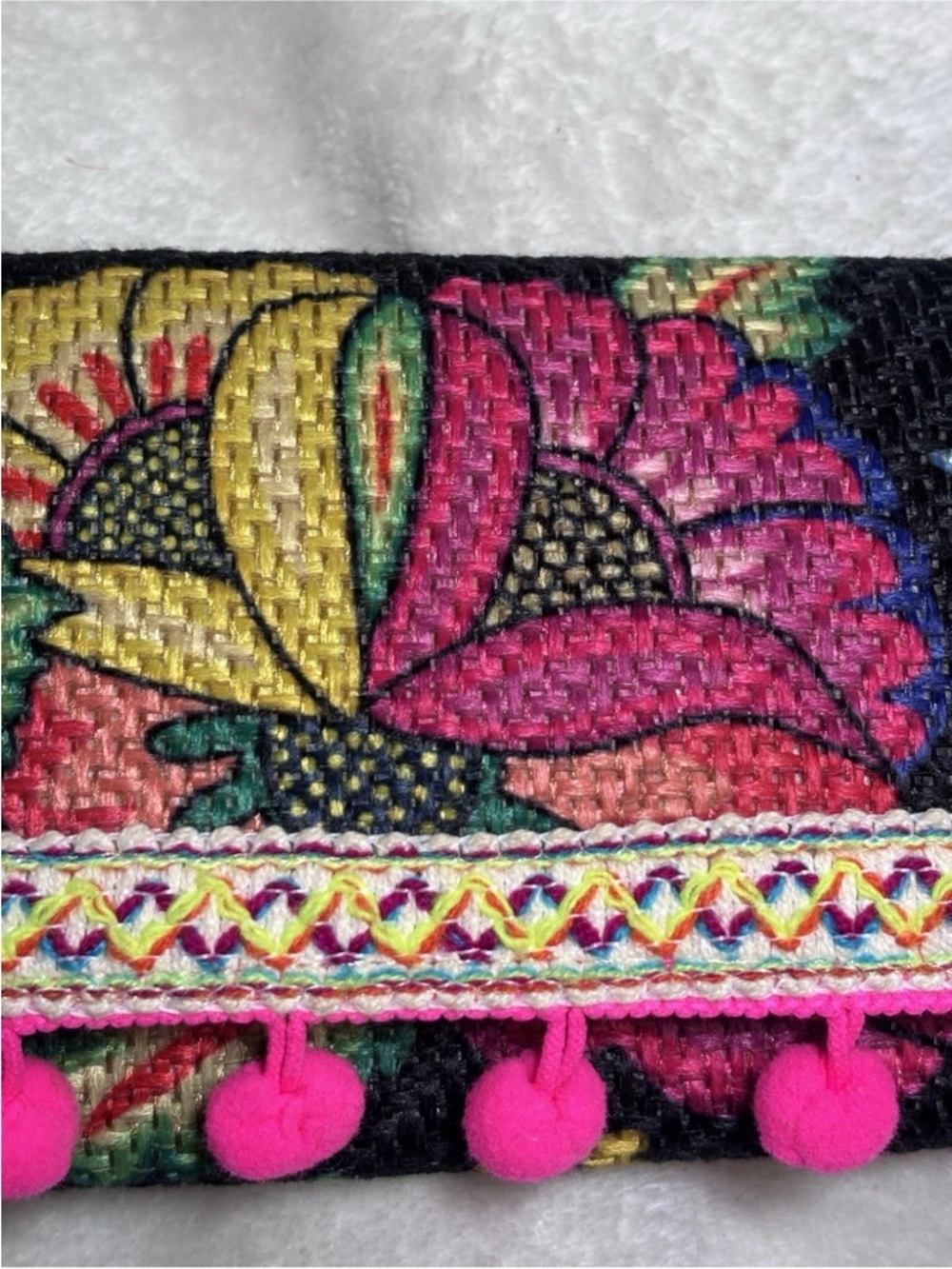Embroidered Style Floral Clutch with Pink Pom-Pom Trim - Black - Picture 2 of 8